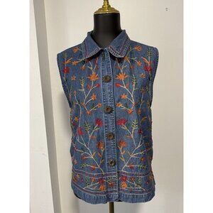 Vintage  80s/90s blue denim cotton sleeveless floral embroidered shirt